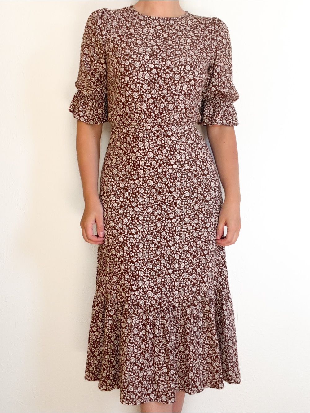 Reformation Brown and Cream Floral Midi Dress with Ruffle Hem